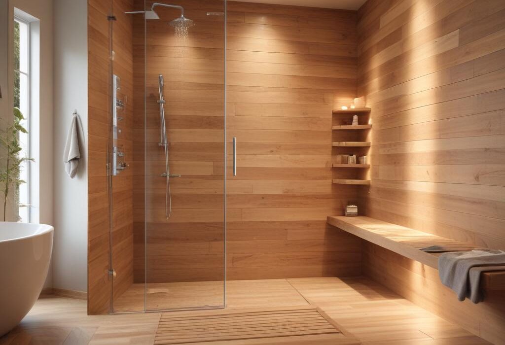 Деревянный душ с раздевалкой и подогревом под ключ: характеристики и монтаж